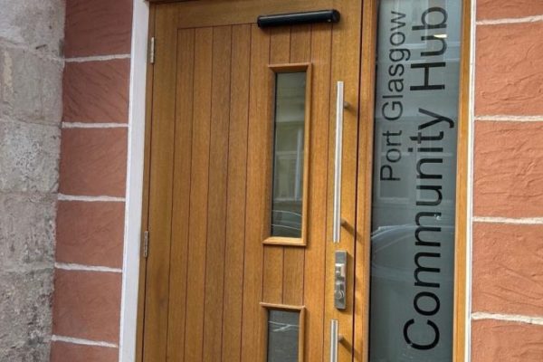 The front entrance of the newly restored King George VI Building in Port Glasgow